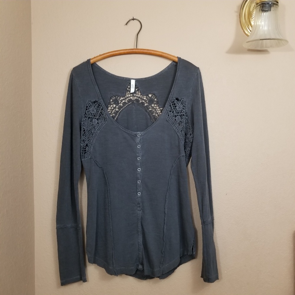 Free People || charcoal long sleeve see thru knit